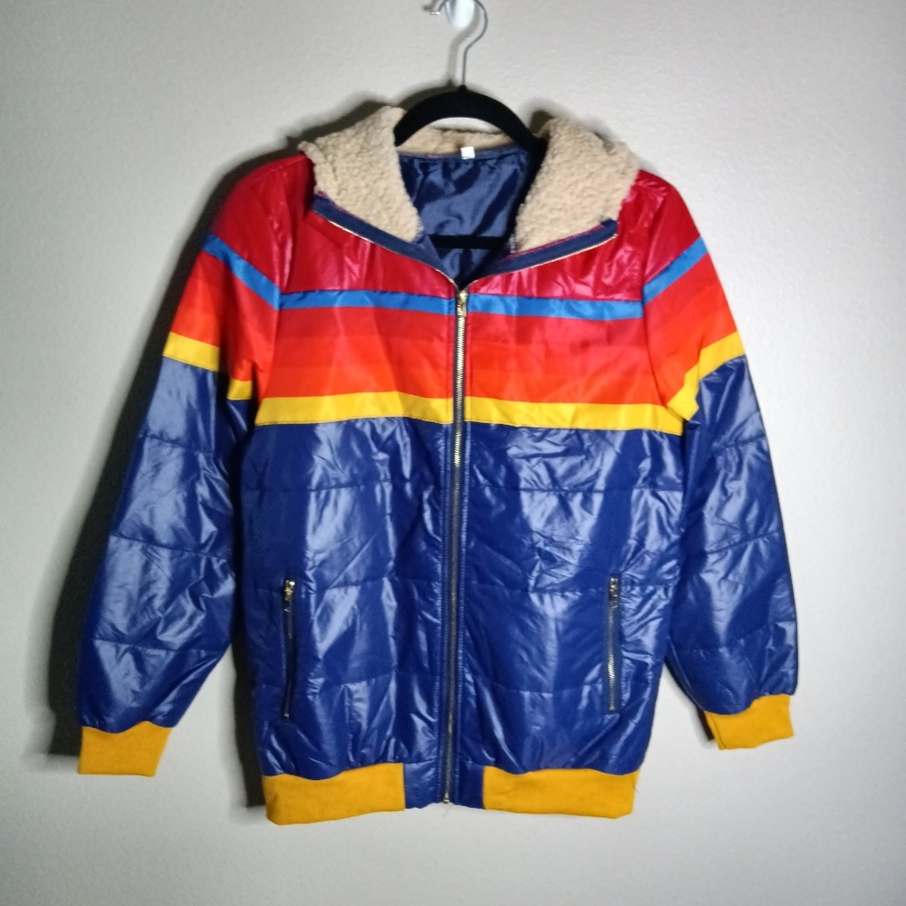 Vintage Trekker Sherpa Hood Puffy Jacket Multicolor Size Small
